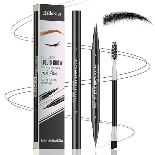 Eyebrow Pencil, Eyebrow Pen with Double-Brush Tip 2-in-1 Eyeliner Dual-Ended Microblading Long Lasting Waterproof Hair-Like Brow Pencil with Eyebrow Brush (Black)