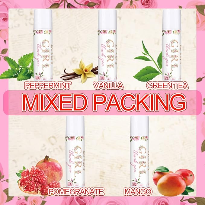 Dunzy 50 Pcs Thank You Gift Lip Balm Bulk Baby Shower Party Favors Bridal Shower Favor Lip Care with Assorted Fruit Flavors Thank You Lipstick for Guest Basket Gift Stuffer (Floral)