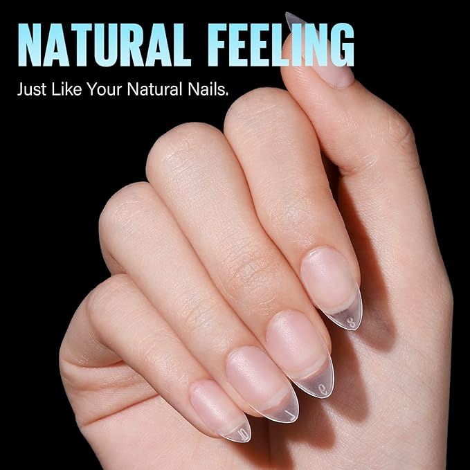 TOMICCA Short Almond Nail Tips, Acrylic Soft Full Coverage Fake Nailsfor Extension Manicure, Double-sided Matte Press on Nail Tips for Home DIY Art Women Girls