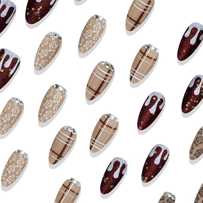 30Pcs Christmas Press on Nails with Cute Gingerbread Man Design Almond Fake Nails Dark Red Glitter False Nails Sparkling Rhinestones Stick on Nail Brown Stripes Artificial Nail for Women