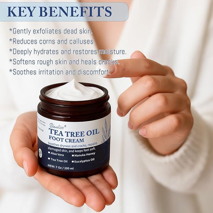 Tea Tree Oil Foot Cream Unscented with Eucalyptus Oil, Manuka Honey Natural for Feet Balm Moisturizing Instantly Hydrates & Soothes Irritated Skin & Athletes Foot Repair & Callus Remover 7 Oz