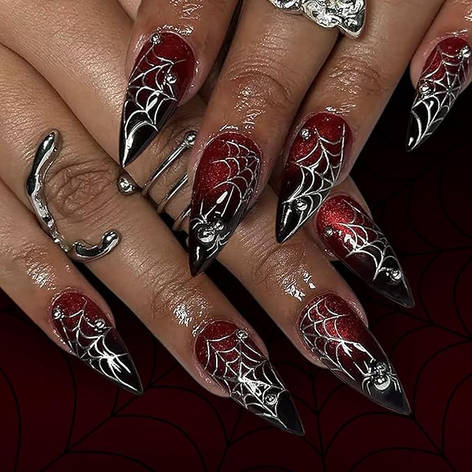 Halloween Press on Nails Long Fake Nails Glitter False Nails Red Black Gradient Silver Spider Web Bead Design 3D Spider Glue on Nail Full Cover Acrylic Nail for Women DIY Salon Manicure Kit