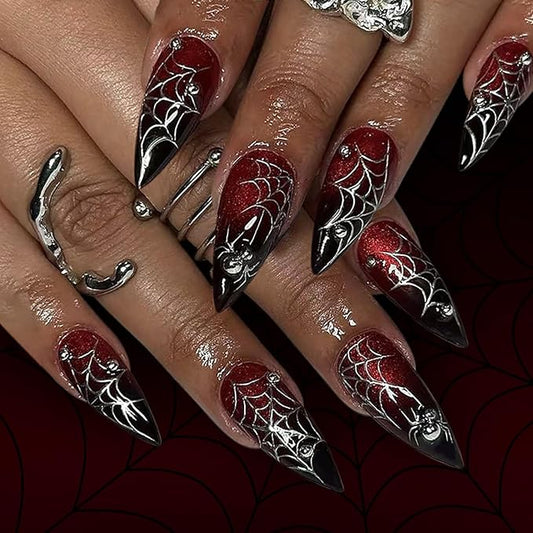 Halloween Press on Nails Long Fake Nails Glitter False Nails Red Black Gradient Silver Spider Web Bead Design 3D Spider Glue on Nail Full Cover Acrylic Nail for Women DIY Salon Manicure Kit