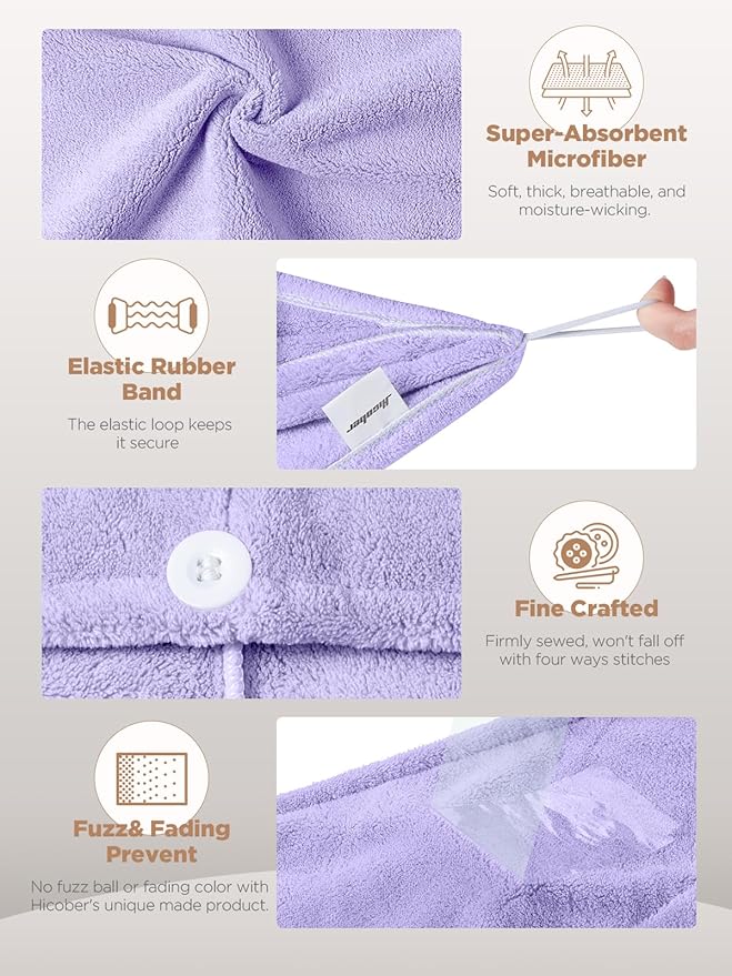 Hicober Microfiber Hair Towel, 2Packs Hair Turbans for Wet Hair, Drying Hair Wrap Towels for Curly Hair Women Anti Frizz (Purple,Grey)