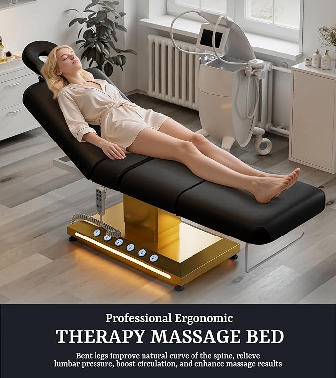 Icoget Professional Full Electric Spa Massage Treatment Table, Medical Bed with Independent Leg Adjustment, Facial Bed with Face Cradle for Beauty, Black