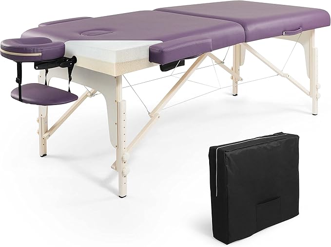 Fencer Wire 84 Inch Premium Memory Foam Massage Table, Foldable Spa Bed, Height Adjustable, Facial Cradle Salon Bed, Purple, 32 Inch Wide