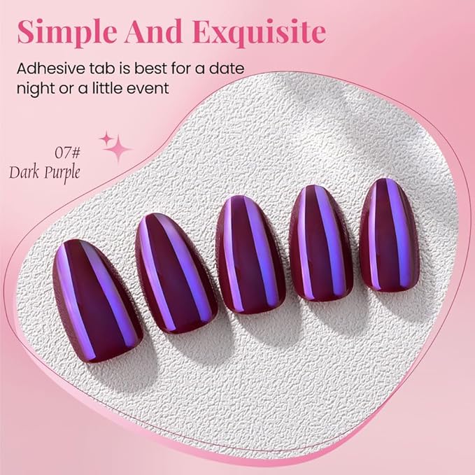 evpct Dark Purple Press on Nails Almond Short, Dark Purple Chrome Glazed Glossy Short Almond Soft Gel Press On Nails with Nail Glue for Women Gift, 15 Sizes 30Pcs Reusable Stick Acrylic Fake Nail Kit