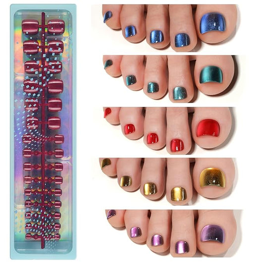 Vansiho Press on Toenails Short, Cat Eye Toe Nail Press on Square for Women, Soft Gel Fake Toenails, Acrylic Nails Soak off Toe Nail Home DIY 15 Sizes