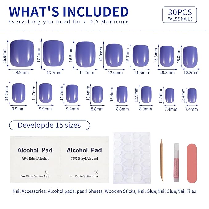 Lavender Blue Press On Nails Short, Glossy Soft Gel Press On Nails Square with Nail Glue, 15 Sizes - 30 Fake Nails Kit, Thick Natural Reusable Glue On Nails for Women, Evening Wisteria