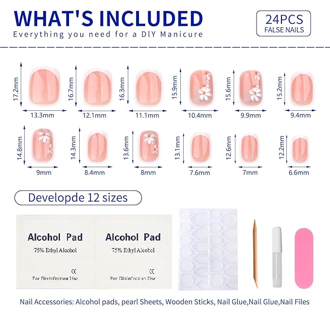 French Nude Press On Nails Short Square, Summer Fake Nails with White French Tip and 3D Daisy Flower Design, Glossy Gel Finish Acrylic Nails, Natural Reusable Glue On Nails Kit for Women, 24 Pcs