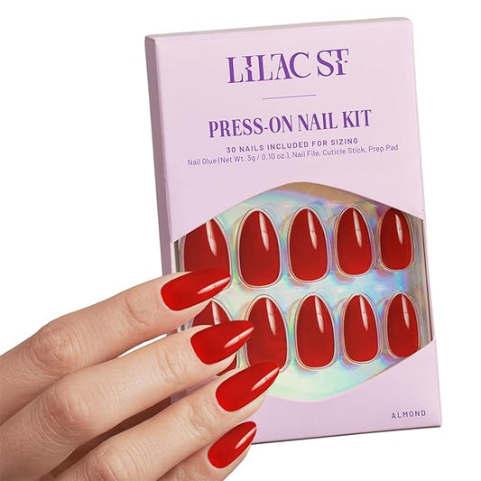 Lilac St - Press on Nails, Slow Burn (30 Nails, 15 Sizes) - Medium, Almond, Glossy, Opaque - Brush-On Nail Glue, Nail File, Cuticle Stick, Prep Pad - Cruelty Free, Vegan, Women Founded