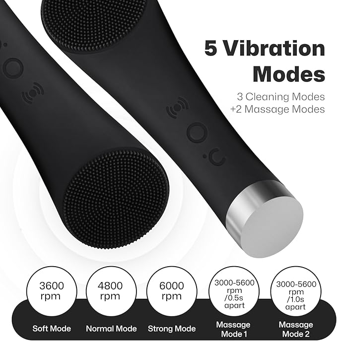 PRITECH Facial Cleansing Brush, Rechargeable Silicone Face Scrubber with Heat Massage End, Vibrating Exfoliator Scrubber for Deep Cleaning, Waterproof Face Brush for Women and Men (Black)