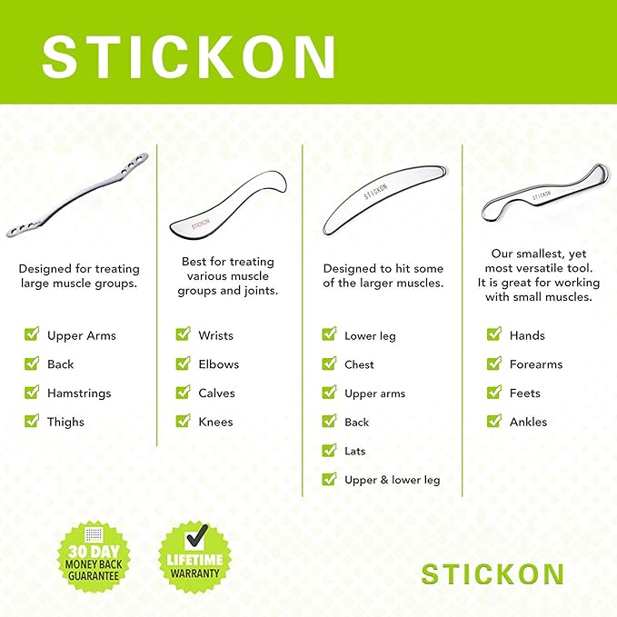 STICKON Stainless Steel Gua Sha Scraping Massage Tool Set IASTM Tools Great Soft Tissue Mobilization Tool (J Shape)