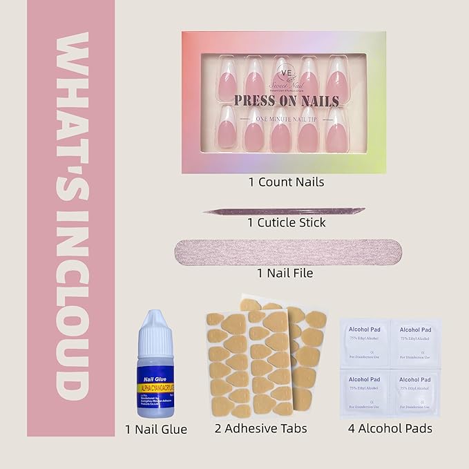 Medium Almond French Pink Press on Nails – 24PCS Glossy False Nail Tips in 12 Sizes | Soft Fit Back Edge & Hard Front | Glue on Acrylic Nails for Women | Reusable & Natural Look
