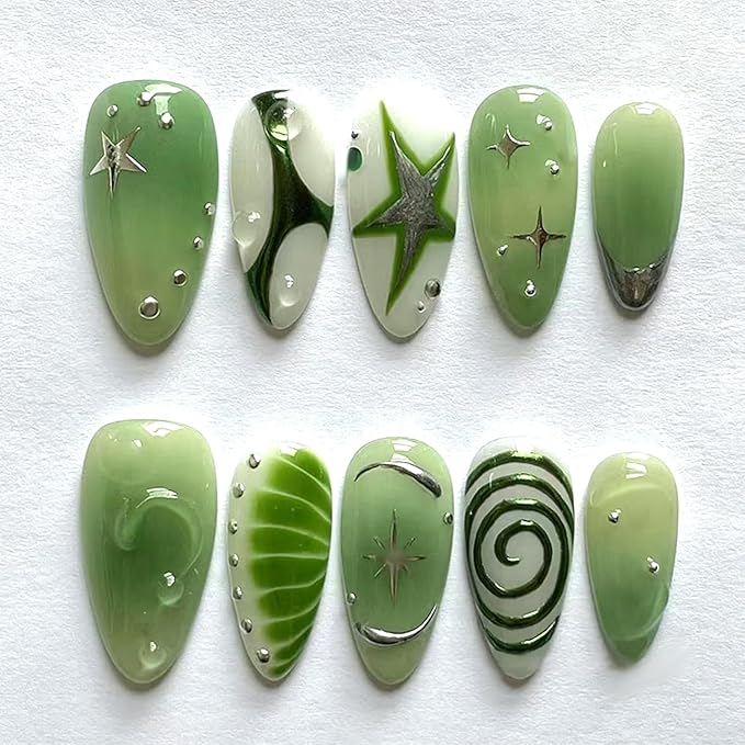 24Pcs Green Press on Nails Medium Almond Fake Nails with Irregular Silver Star Designs Stick on Nails French Tip Nails Reusable Acrylic Nails Full Cover Artificial Glue on Nails for Women Daily Wear