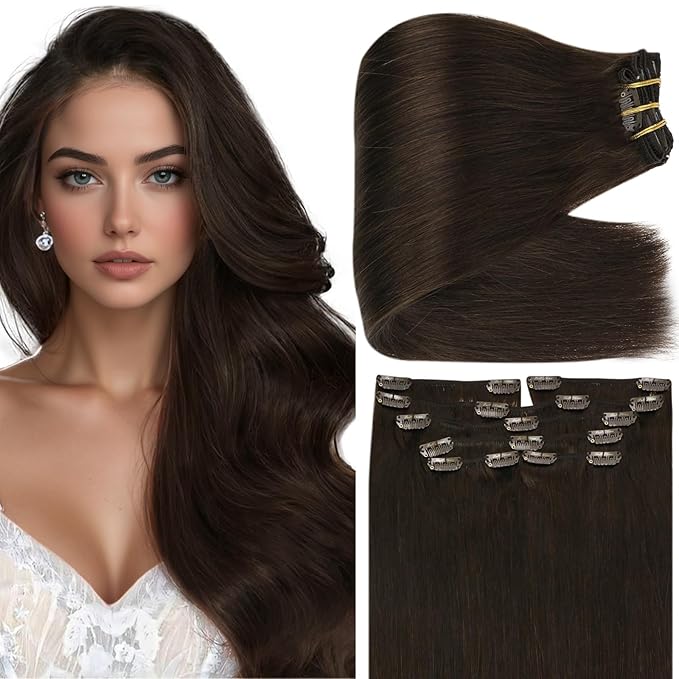Full Shine Clip in Hair Extensions Real Human Hair Dark Brown 150 G Straight Dark Brown Human Hair Clip ins 24 Inch Invisible Triple Weft Brunette Hair Extensions for Thin Hair 7 Pcs