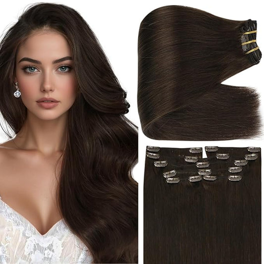 Full Shine Dark Brown Hair Extensions Clip ins Real Hair Clip in Extensions Invisible Clip in Hair Extensions for Women Brown Thick Human Hair Extra Volume 18 Inch 7 Pcs 135 G