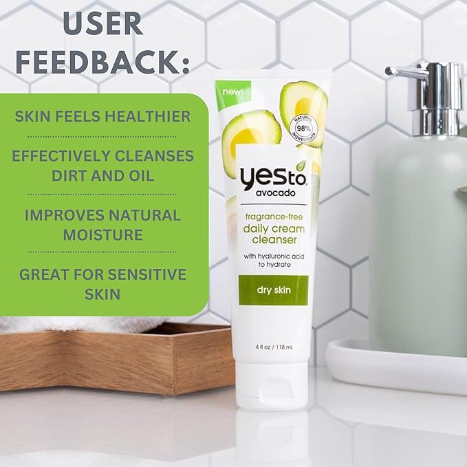 Yes To Avocado Fragrance Free Daily Cream Cleanser, Hydrating Face Wash That Removes Makeup & Impurities Leaving Skin Moisturized With Hyaluronic Acid & Glycerin, Natural Vegan & Cruelty Free, 4 Fl Oz