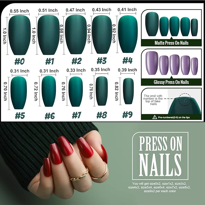 Teenitor 24 Pack 576 PCS Press On Nails Medium Length Coffin Glue On Nails, Coffin Shape Press On Nails Set, 12 Colors Coffin Matte Press On Nails, 12 Colors Glossy Press On Coffin Nail