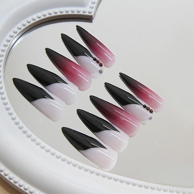 IMRAIN Press on Nails Long Stiletto Fake Nails Purple Gradient French Tips False Nails with Rhinestone Designs Glossy Gel Almond Full Cover Artificial Stick on Nails 24Pcs