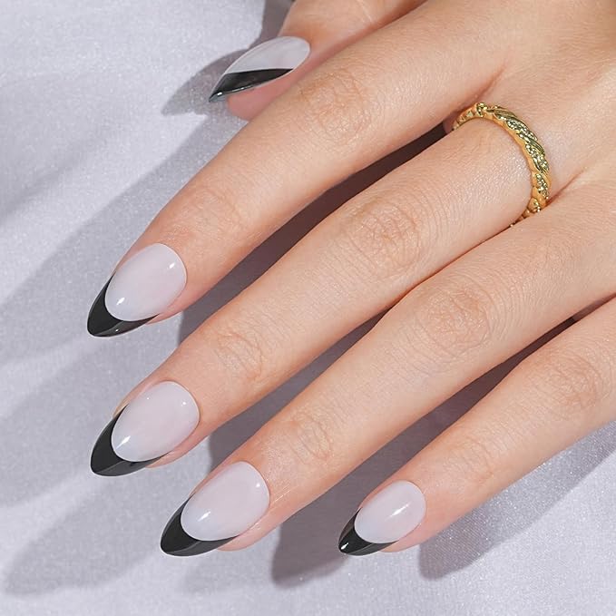 French Tip Press On Nails Almond - Noir French,Black Press On Nails Halloween, Acrylic Short Halloween Nails with Nail Glue, Fit Perfectly & Natural Stick On Nails in 16 Sizes - 32 PCS Soft Gel Kit