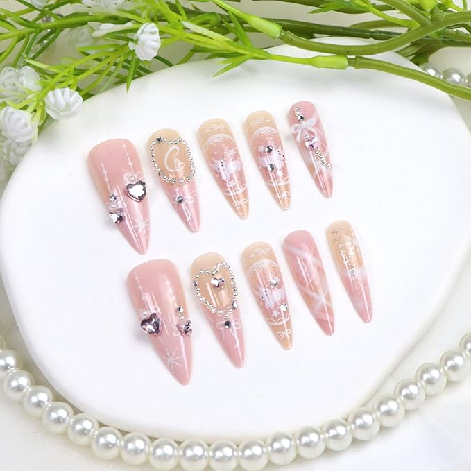 Cute Press on Nails Long Almond Fake Nails with Heart Pearl Bow Rhinestones Designs French Tip Nails Press ons Pink False Nails for Women 24Pcs