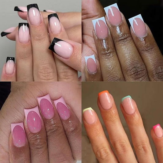 4 Packs 96Pcs French Tip Press on Nails Short Square Fake Nails French Design Glossy Acrylic False Nails Full Cover, Glue Stick On Nails for Women's Manicure & Nail Art Set
