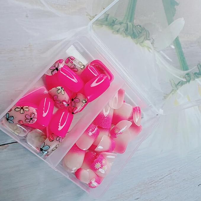 48Pcs Pink Press on Nails Kit - Flower Fake Nails Short Square with Floral Designs Glossy Cute Gradient Pink False Nails French Nails Press ons Flowers Spring Stick on Nails for Women Daily Wear