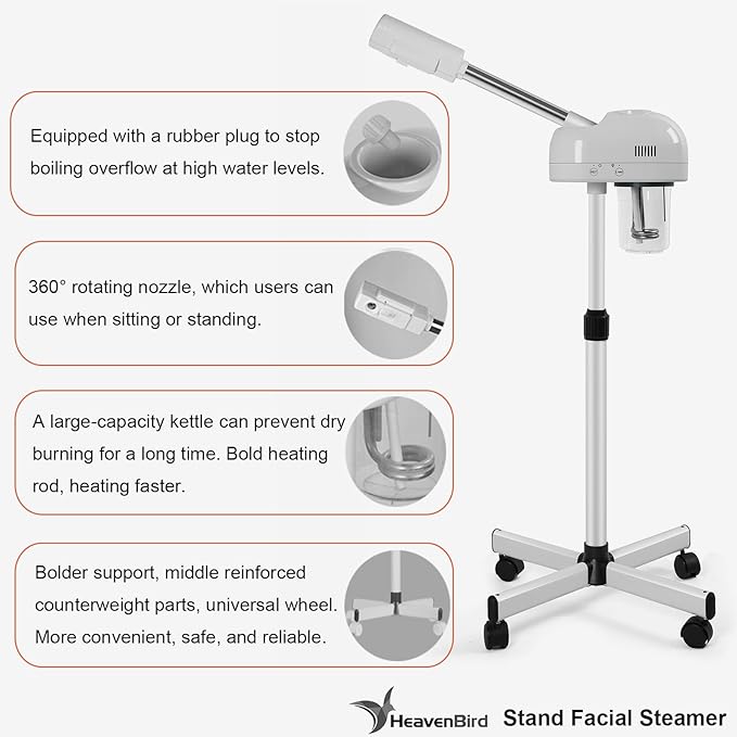 Stand Professional Ozone Facial Steamer with Touch Control, Adjustable Height & Rolling Base, 360° Rotatable Nozzle, Hot Mist Function, Use for Home, Salon SPA (White)