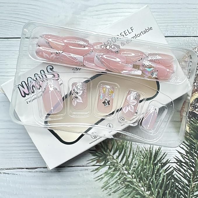 24Pcs Short Press on Nails Square Shape White French Tip Fake Nails 3D Flower Designs Star Glitter Glue on Nails Spring Acrylic Nails White Floral False Nails Nude French Stick on Nails for Women