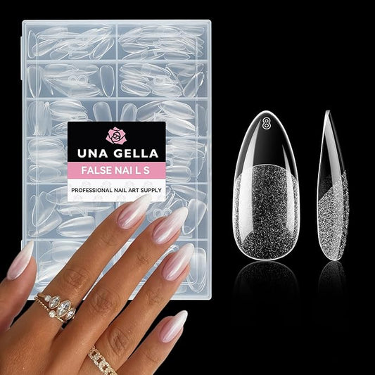 UNA GELLA Almond Nail Tips, 216pcs Pointed Almond Gel Nail Tips Pre-shape Half Matte Full Cover Clear Acrylic Soft Gel Fake Nails for Nail Extension Nail Art 12 Sizes