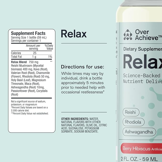 Relax Drink for Relaxation and Stress Relief, Contains Ashwagandha, Rhodiola Rosea and Reishi Mushroom with Advanced Nanoscience Technology, 3 Pack Calm Nervous System Berry Hibiscus, 2oz