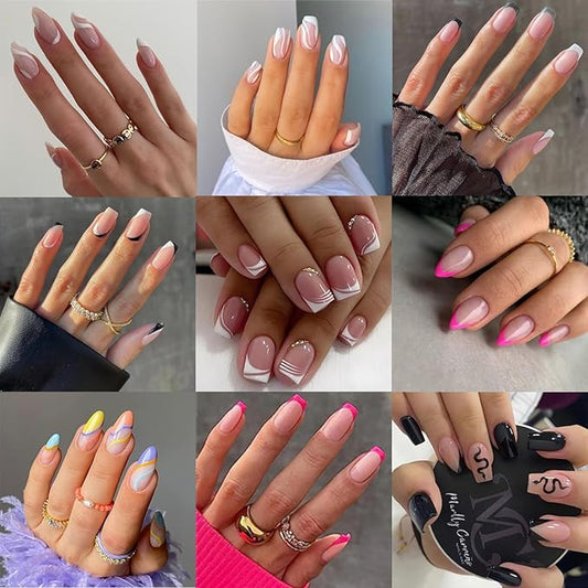 Swirl Press on Nails - 9 Styles, 12 Sizes - Almond, French Tip, Short Square Nails for Girl Nail Art