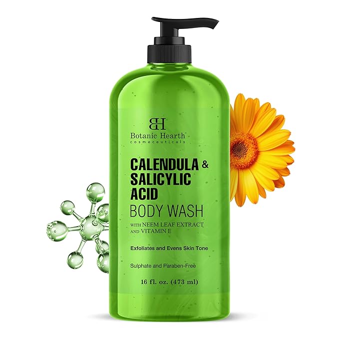 Botanic Hearth Calendula & Salicylic Acid Body Wash | Shower Gel 16 Fl Oz | Exfoliating Body Cleanser With Neem Leaf Extract & Vitamin E | Sulfate & Paraben|Free