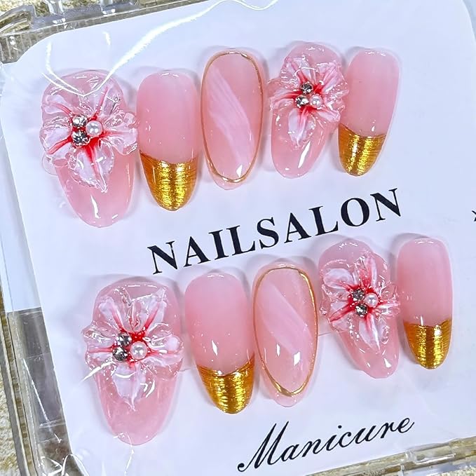 Handmade Press on Nails Medium Almond Fake Nails Gold French Tip False Nails with 3D Flower Design Silver Rhinestones Stick on Nails Pink Artificial Nail Full Cover Glue on Nails for Women DIY 10Pcs