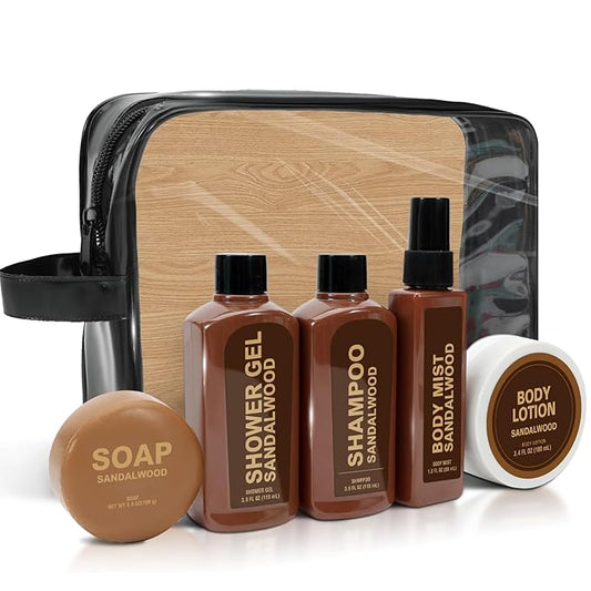 Gift Sets for Men Bath and Body Mens Gifts 6pcs Sandalwood Travel Size sets with Shampoo, Shower Gel, Soap, Body Lotion, Birthday Gifts for Men, Self Care Fathers Day Gifts