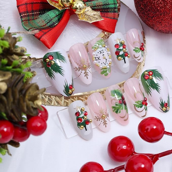 30Pcs Christmas Press on Nails Medium Almond Fake Nails Xmas Tree Holly False Nail Clock with 3D Rhinestones Design Gold Snowflakes White French Tip Glue on Nails for Women DIY New Year Holiday Nail