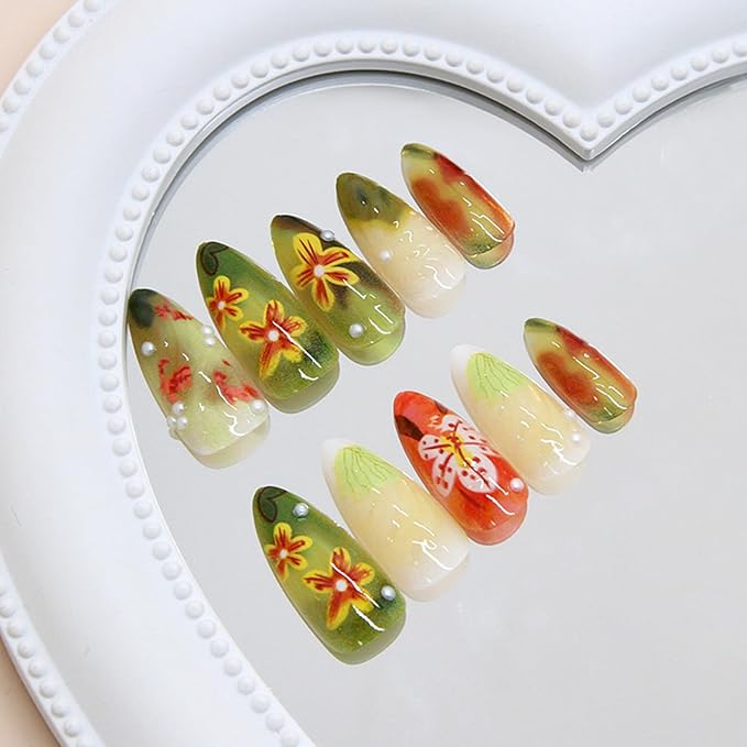 24Pcs Medium Press on Nails Almond Fake Nails Summer Flower Acrylic False Nails with Peals Design Glossy Red Green Glue on Nail Cute Floral Leaf Handmade Nails for Women