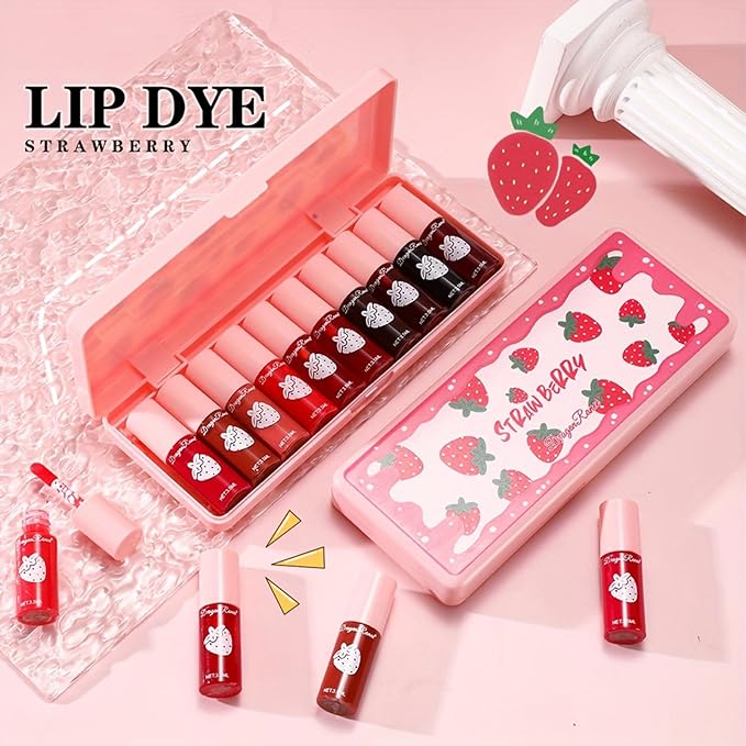 10 Colors Lip Tint Stain Set,Mini Waterproof Korean Liquid Lipstick Lip Gloss Watery Finish Long Lasting Lip Stain Non Sticky Multi-use Lip and Cheek Tint