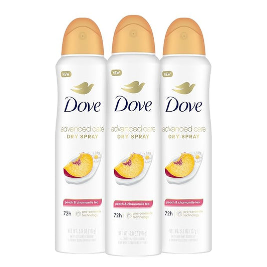 Dove Advanced Care Antiperspirant Deodorant Dry Spray Peach & Chamomile Tea 3ct underarm care boosts skin's ceramide levels 72hour odor control &all-day sweat protection ProCeramide technology 3.8 oz