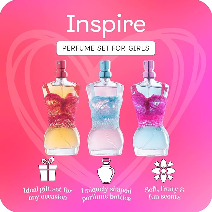 Inspire Teen Perfume Gift Set, Perfume for Kids, Girls 10-12, & Teenage, Teens Body Spray Mist, Girl Fashion Collection 3 Mannequin-Shaped Perfumes Bottles