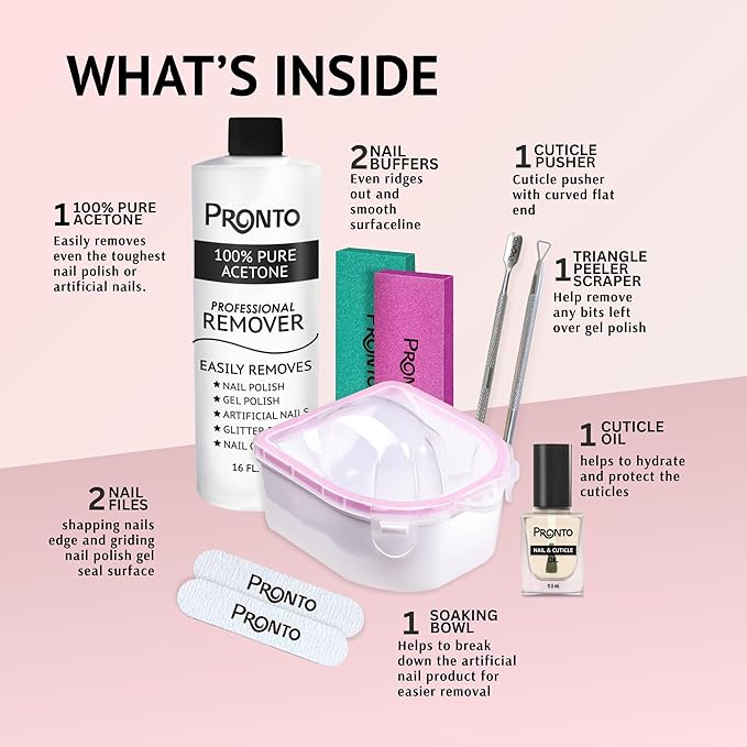 Pronto Gel Nail Polish Remover Kit - 16oz Pure Acetone, Nail Soaking Bowl, Moisturizing Cuticle Oil, Manicure Kit Including Gel Nail Polish Tools, Nail File, Nail Buffer, Cuticle Pusher & Nail Scraper