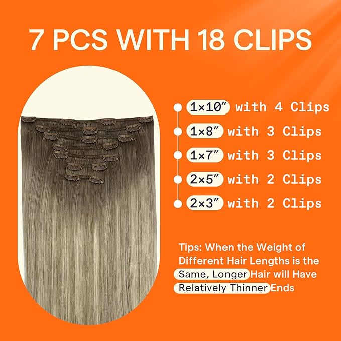 Full Shine Blonde Clip in Hair Extensions Real Human Hair Balayage Light Brown Ombre Blonde Mixed Brown Invisible Clip in Hair Extensions Double Weft Hairpiece 7 Pcs 20 Inch 120 G