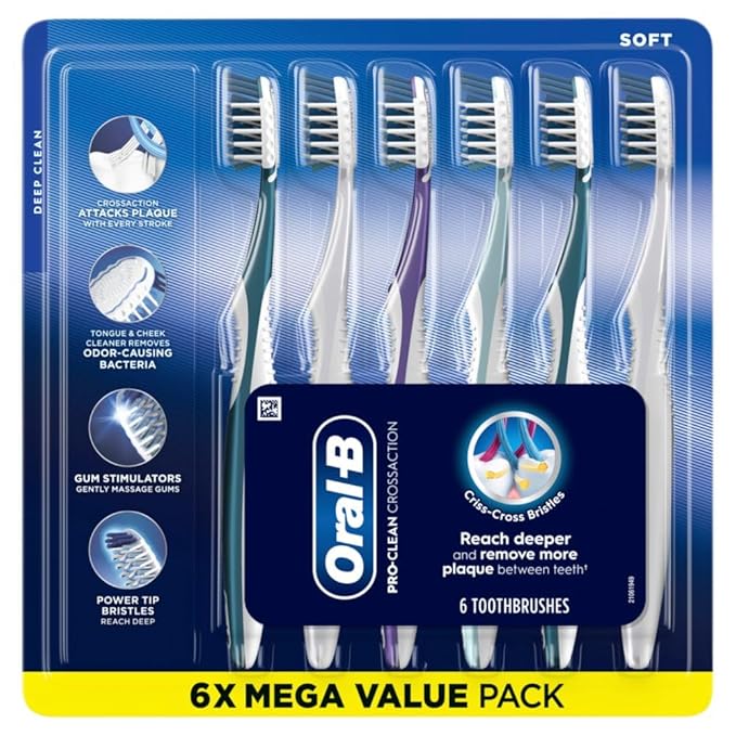 Oral-B Pro Health CrossAction All in One Soft Toothbrushes, Deep Plaque Fighter, Rounded Bristles Gentle on Teeth, Tongue and Cheek Cleaner, Gum Stimulators, 6 Count, Tooth Brush Pack