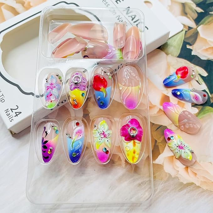 Colorful Flowers Rhinestone Press on Nails Long Almond Fake Nails with Designs 3D Gems Full Cover Artificial Nails French Tip Glue on Nails Spring Summer Acrylic Nails for Women Girls Manicure 24Pcs