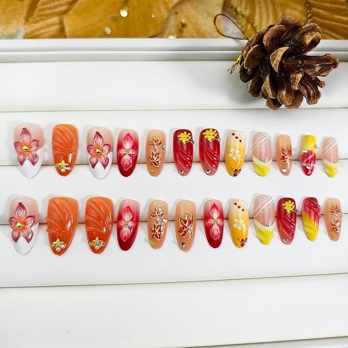 30Pcs Fall Press on Nails Almond Medium Fake Nails with Pearl Design Autumn Winter False Nail 3D Flower Red Maple Leaf Acrylic Glue on Nails Star Charms Full Cover Thanksgiving Nail Art Decorations