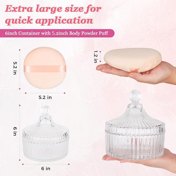 2Pcs Extra Large Body Powder Puff & Luxury 6" Glass Jar Dusting Powder Container with Puff for Women Bath Powder Puffs Perfect for Talcum or Loose Powder (Beige)