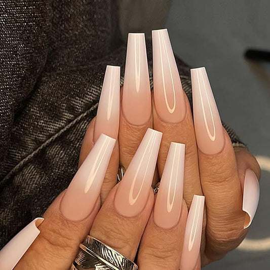 Yivaiks Nude Long Press on Nails Coffin Gradual Natural Artificial Nails for Women Fake Nails Kit 24pcs