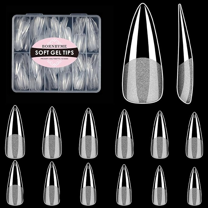 Long Stiletto Soft Gel Nail Tips, BORNBYME 240 PCS Half Matte Pre Buff Full Cover Shaped Nail Extenison Tips Gel Nail Tips