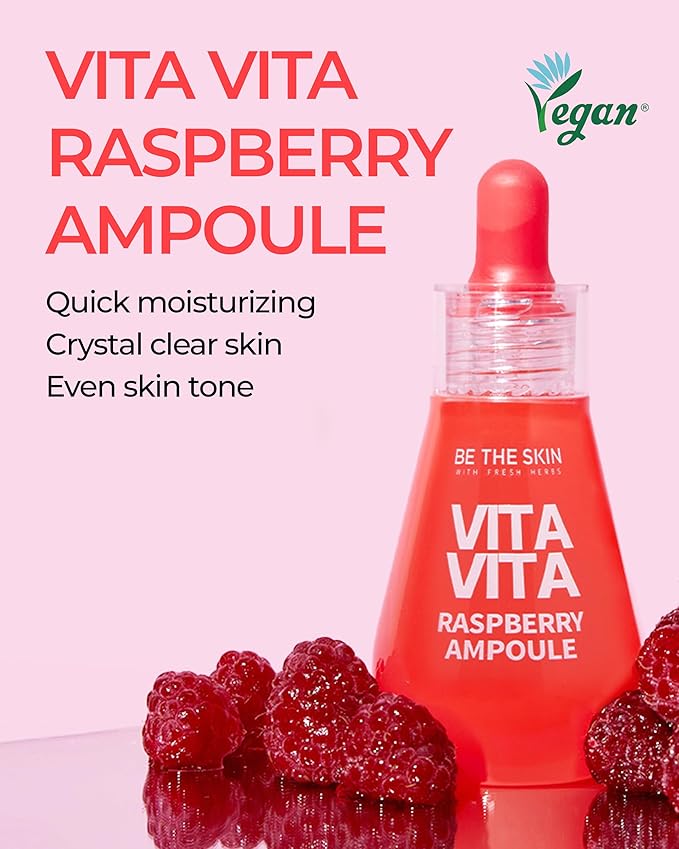 BE THE SKIN Vitavita Raspberry Ampoule - Radiance Boosting Face Serum for Even Skin Tone and Enhanced Elasticity with Niacinamide, Vitamin C, 11 Peptides, 1.01 fl.oz.